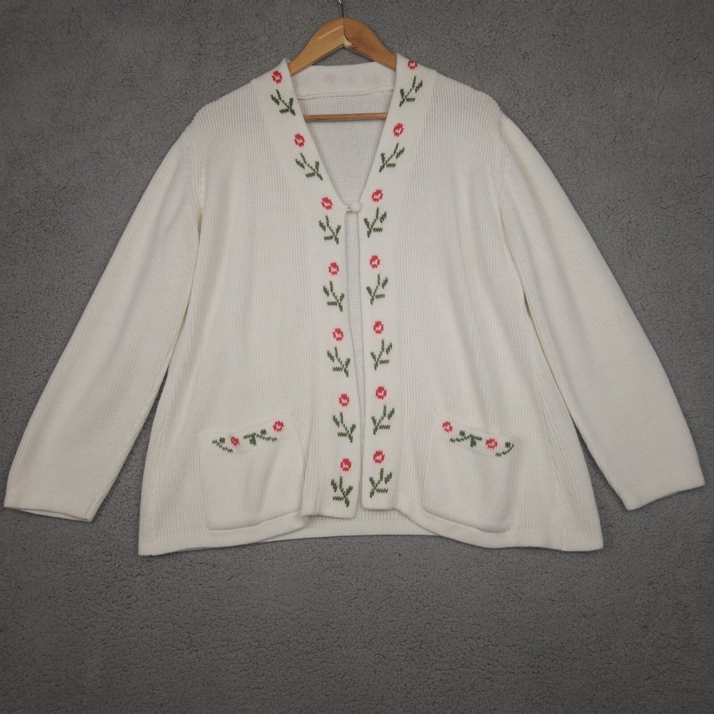 Vintage Sears Cardigan Sweater Womens Large White Crochet Floral‎ Cottage Core